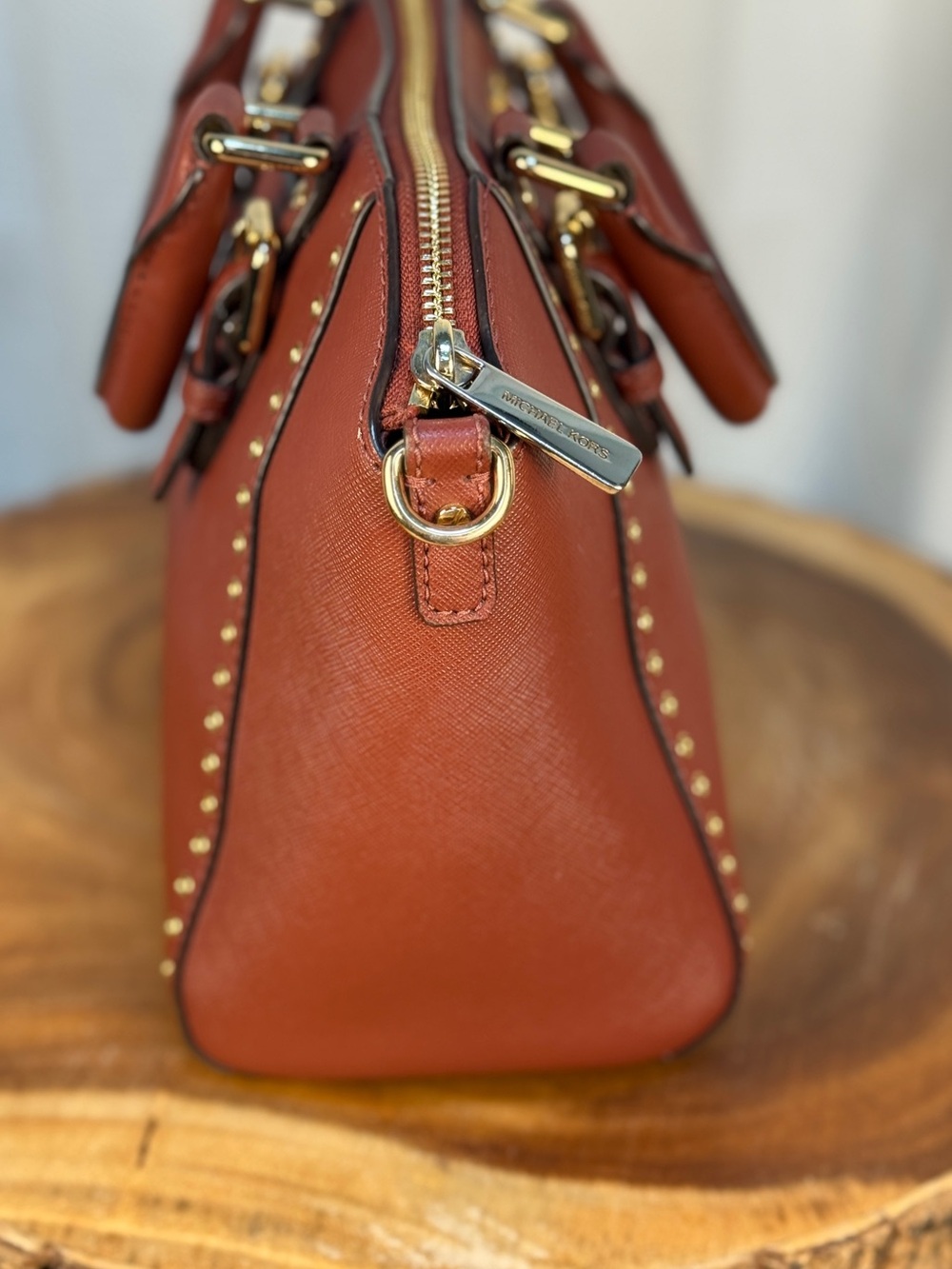 Michael Kors Ciara Grommet Brick Red Saffiano Leather Satchel Crossbody Bag EUC - Picture 6 of 16